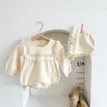 Infant long sleeve romper with matching lace bonnet in elegant cream white color - Milky Apricot / 90cm