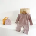 Minimalist lavender ribbed cotton baby romper with ruffled sleeves and matching hat set - 66CM / Smoky Purple