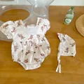 Cute baby girl short sleeve swimsuit with brown bear print and matching sun hat set - Top And Bottom / Off White / 100