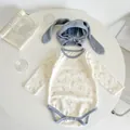 Detailed view of baby bunny print bodysuit with matching long rabbit ear bonnet set - 66CM / Blue Grey