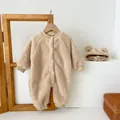 Thick beige baby romper set with bear ear hat in soft polar fleece for winter - 73cm / Apricot
