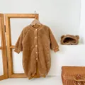 Brown fleece baby romper with bear ear hat made of warm thickened arctic velvet - 73cm / Khaki