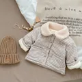 Winter plaid baby coat with fleece collar and bear embroidery with matching knit hat - 66cm / Brown