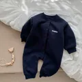 Thick navy blue newborn bodysuit with BONITO embroidery for winter warmth - 66 / Navy Blue