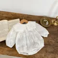 White long-sleeve baby romper with delicate flower embroidery and a vintage doll collar - White / 66cm
