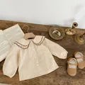 Detail of baby shirt with scalloped collar and vintage style brown Mary Jane shoes - 66cm / Beige Shirt