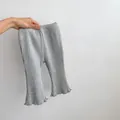 Detail of grey ribbed flared leggings with ruffled hem and elastic waistband for baby girls - 66CM / Gray