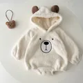 Cute off-white fleece baby romper with bear ears and black bear face print decoration - 66 / White Bear Romper