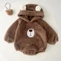 Brown teddy fleece bear baby romper with hood and matching plush bear accessory - 66 / Brown Bear Romper
