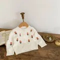 White knit baby cardigan featuring orange flower embroidery and classic round neck - Tops / Off White / 90cm