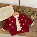 Dark red embroidered knit cardigan for baby girls with vintage floral details - Tops / Red Fleece / 66cm