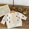 Cream knit baby cardigan featuring floral embroidery and popcorn knit details - Tops / Rice White Fleece Lined / 66cm