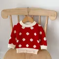 Baby knit pullover sweater in vibrant red with cream polka dots and ribbed cuffs - Polka Dot Top (White Dots) / 66cm