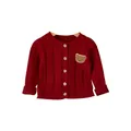 Rote Baby-Strickjacke mit Holzknöpfen und brauner Bären-Stickerei-Applikation - 66 / Rotes Oberteil