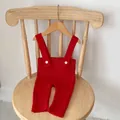Knitted red baby suspender pants with white buttons and rib-knit texture - Suspender Pants (Red) / 66cm