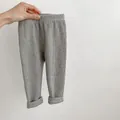 Ribbed grey cotton baby leggings with comfortable high elastic waistband for daily wear - 66cm / Gray