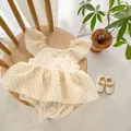 Infant girl princess romper dress in cream white with tulle sleeves and matching shoes - Apricot / 66cm