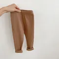 Brown ribbed cotton high-waisted leggings for infants featuring stretchy elastic waistband - 73cm / Brown