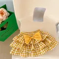 Girl's summer yellow gingham tiered ruffle skirt pants with a large bow detail - Bottoms / Yellow / 66cm