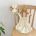 Baby girl summer polka dot sleeveless romper set with matching bow headband - Size 66 / Dot