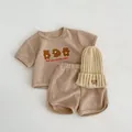 Khaki waffle knit baby outfit set with embroidered active bears on tee and shorts - Khaki / 66cm