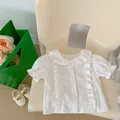 Elegant white baby girls ruffled short sleeve blouse with delicate plaid bow accents - Tops / White / 66cm