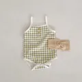 Baby cotton romper in green gingham check with wooden buttons and matching headband set - 66 / Green
