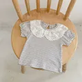 Short sleeve baby tee with black white stripes and large white lace Peter Pan collar - 66 / Striped Top