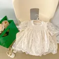 Short sleeve cream baby romper with floral lace embroidery and puff sleeves - 66cm / Apricot