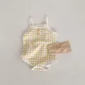 Infant yellow gingham sleeveless romper suit with matching bow headband set - 66 / Yellow