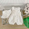 Baby sleeveless floral romper and matching sun hat set in cream cotton fabric - Floral / 66cm