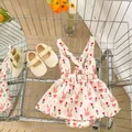 Infant girl bodysuit dress with bunny tulip prints and matching soft sole shoes - 66cm / Rabbit Romper