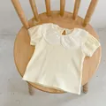 Infant girl ribbed beige short sleeve shirt with white lace collar and flower embroidery - 66 / Apricot Top