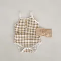 Infant cotton gingham romper with wooden buttons and matching bow headband - 66 / Brown