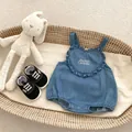 Infant soft washed denim bodysuit with heart ruffle and Bonjour Ciel bébé embroidery - 73cm / Light Blue