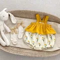 Infant summer set with mustard yellow ruffle top and tulip print bloomers with socks - Yellow / 80cm