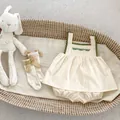 Infant girl beige cotton summer set with floral embroidery and lace trim straps - Size 66 / Beige Apricot
