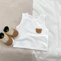 White cotton baby tank top with bear pocket patch and matching canvas sneakers set - 80cm / White