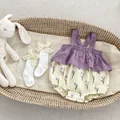 Infant summer floral romper with tulip print and matching bow socks in a gift basket - Purple / 66cm