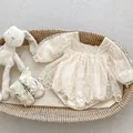 Infant cream lace floral embroidered long sleeve romper set with matching shoes in a basket - Size 66 / Apricot