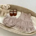Baby girl summer outfit with brown gingham sleeveless top, shorts, and matching shoes - Brown / 100cm
