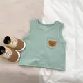 Mint green baby tank top with bear embroidery and matching brown infant shoes - 90cm / Green