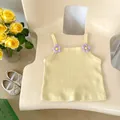 Light yellow ribbed knit baby girls tank top with purple floral 3D details - 110cm / Yellow