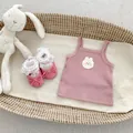 Pink rib-knit baby camisole with cute bunny patch and matching lace-edge pre-walker shoes - 73cm / Set / Bear Style (Pink Rabbit Patch Top)
