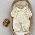 Beige polka dot corduroy baby romper with Peter Pan collar and ruffle details - Beige Apricot / 66cm