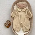 Infant long sleeve polka dot corduroy romper in beige with Peter Pan collar and ruffles - Brown / 66cm