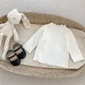 Toddler girl ribbed long sleeve cotton tee with turtle neck and lettuce trim edge - 66 / White
