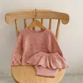 Pink knit two-piece set for baby girls featuring a long sleeve sweater and ruffle pants - Pink / 80