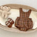 Baby girl vintage brown plaid romper overalls with matching brown leather Mary Jane shoes - 66CM