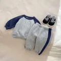 Kids casual letter print track suit with gray sweatshirt and navy jogger pants - 66CM / Blue Grey